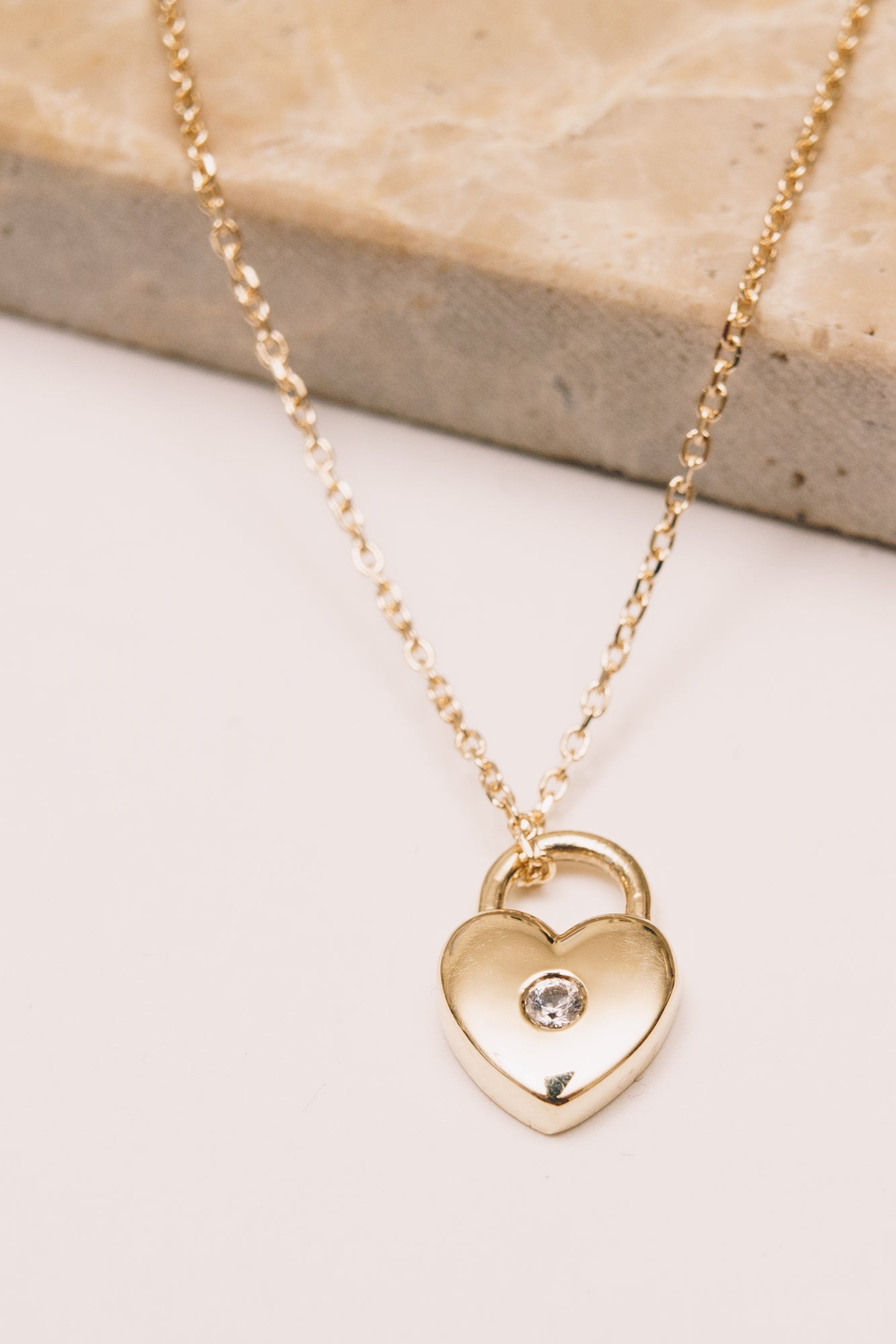 Heart Lock Necklace | 14k Gold | White Sapphire