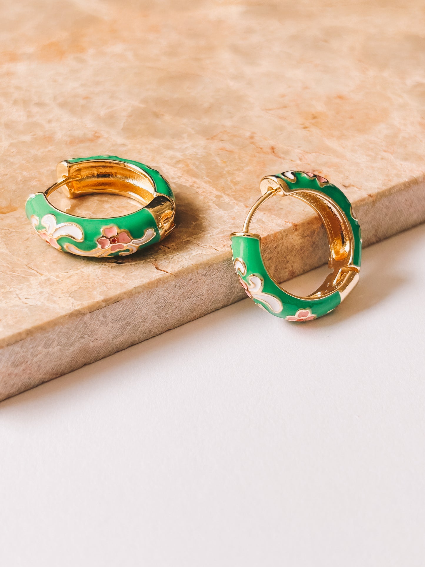 Cloisonné Green Enamel Flower Hoops | 18K Gold Plating