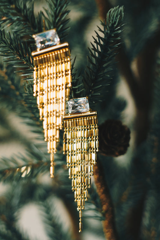 Art Deco Crystal Baguette Fringe Earrings | Crystal CZ | 18K Gold Plating