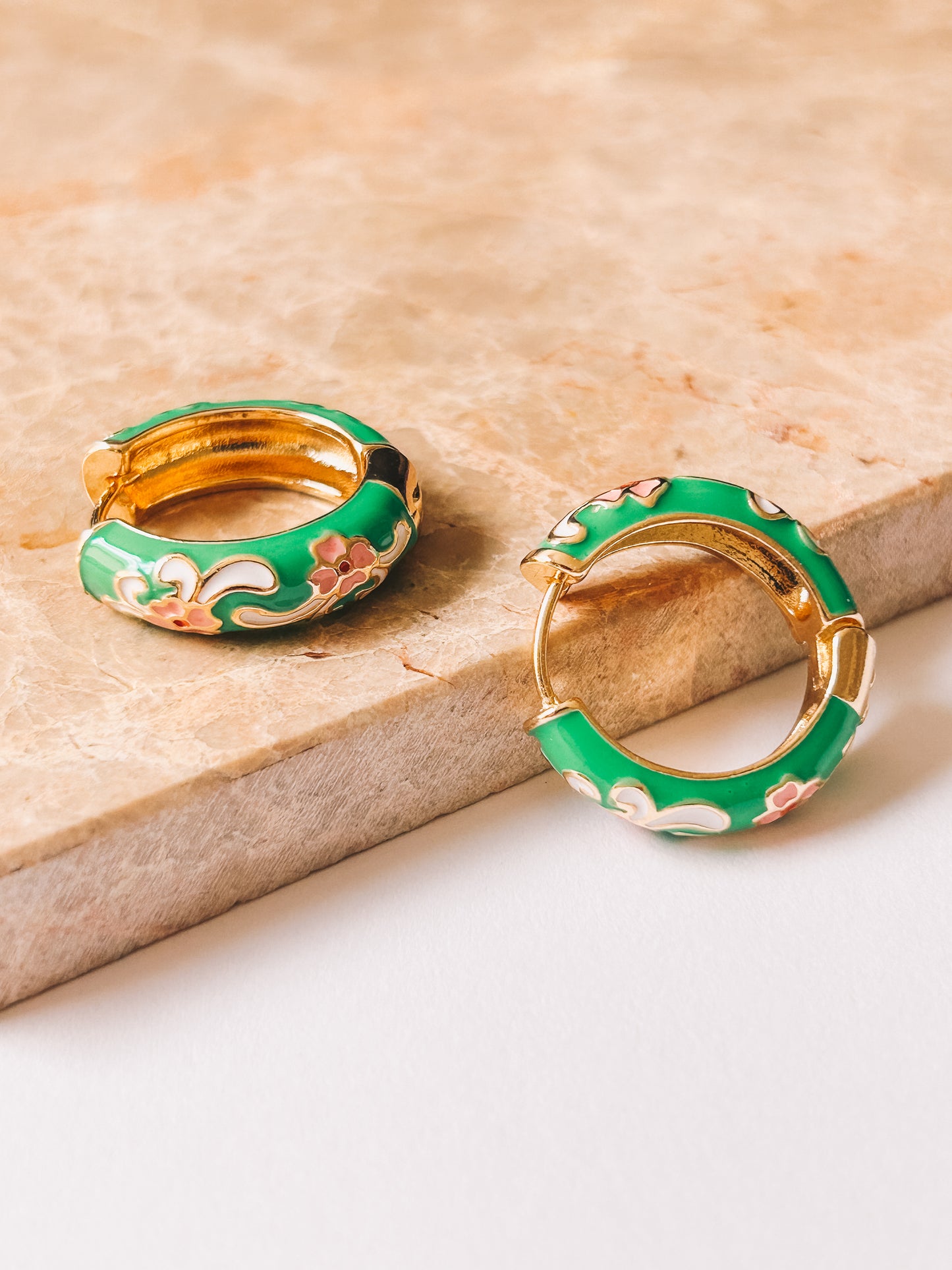 Cloisonné Green Enamel Flower Hoops | 18K Gold Plating