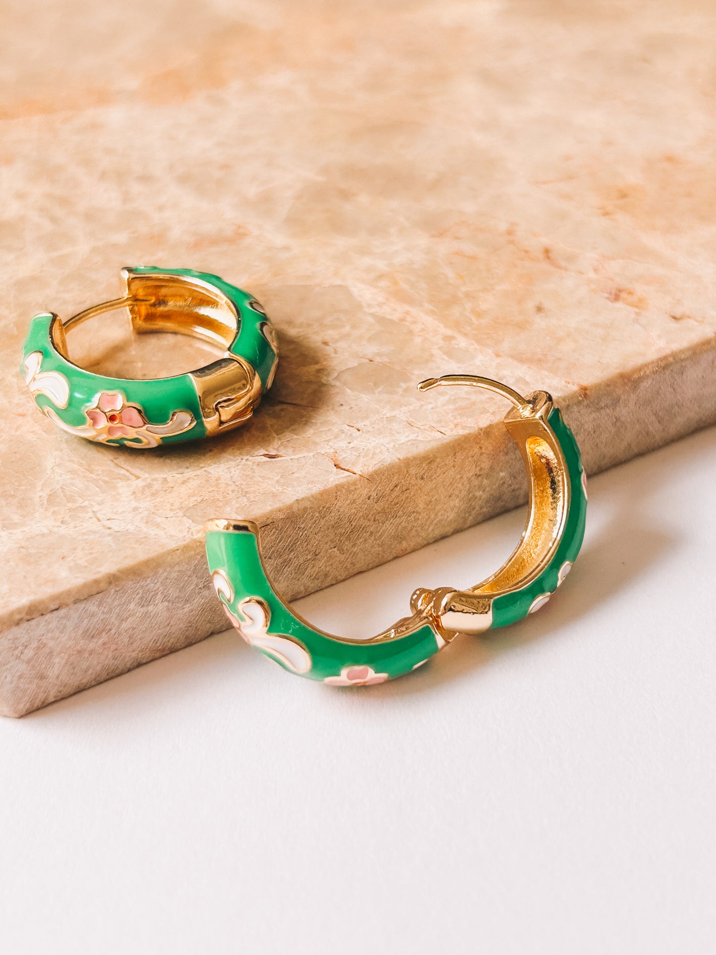 Cloisonné Green Enamel Flower Hoops | 18K Gold Plating