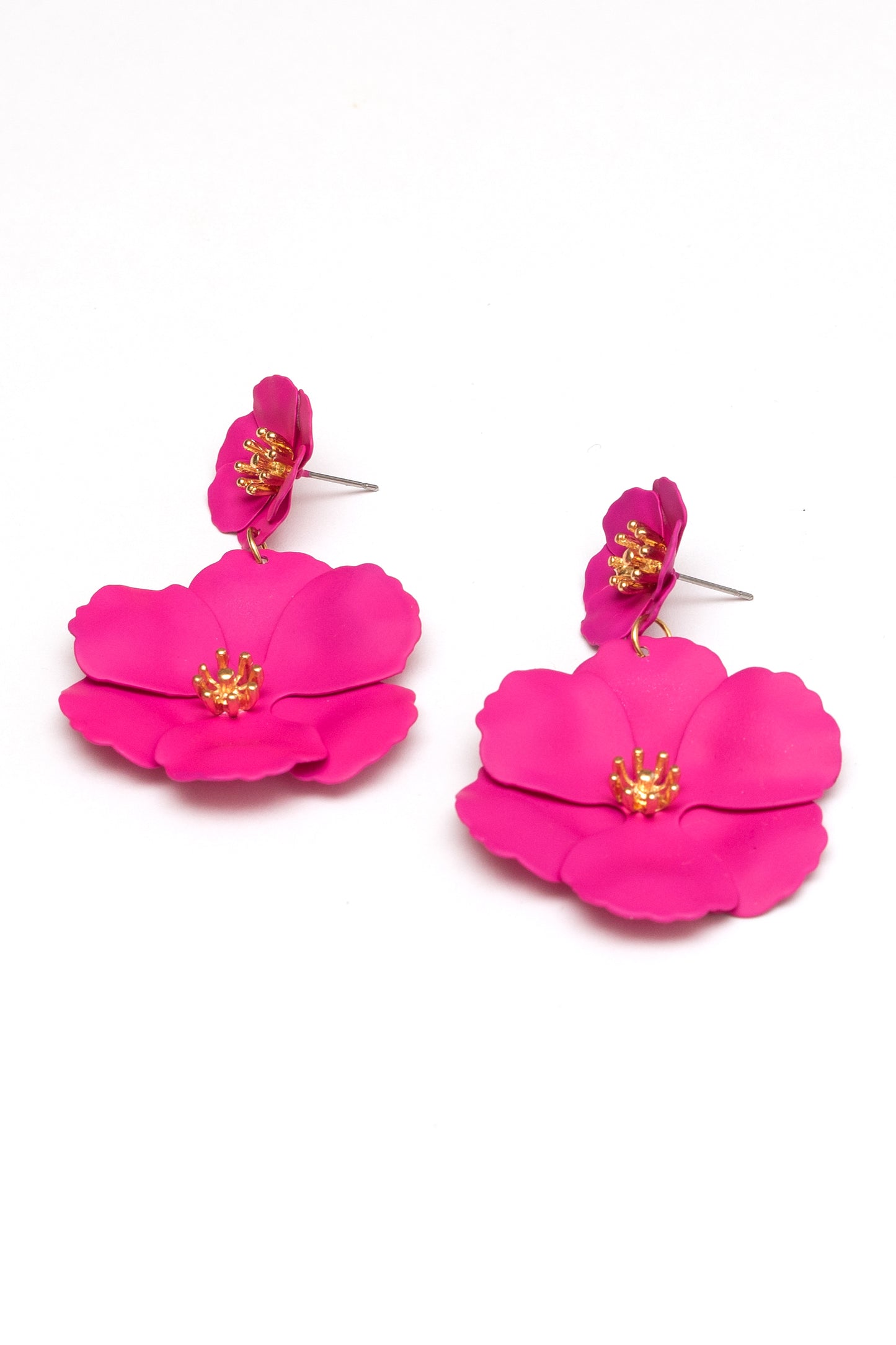bright pink enamel flower drop earrings