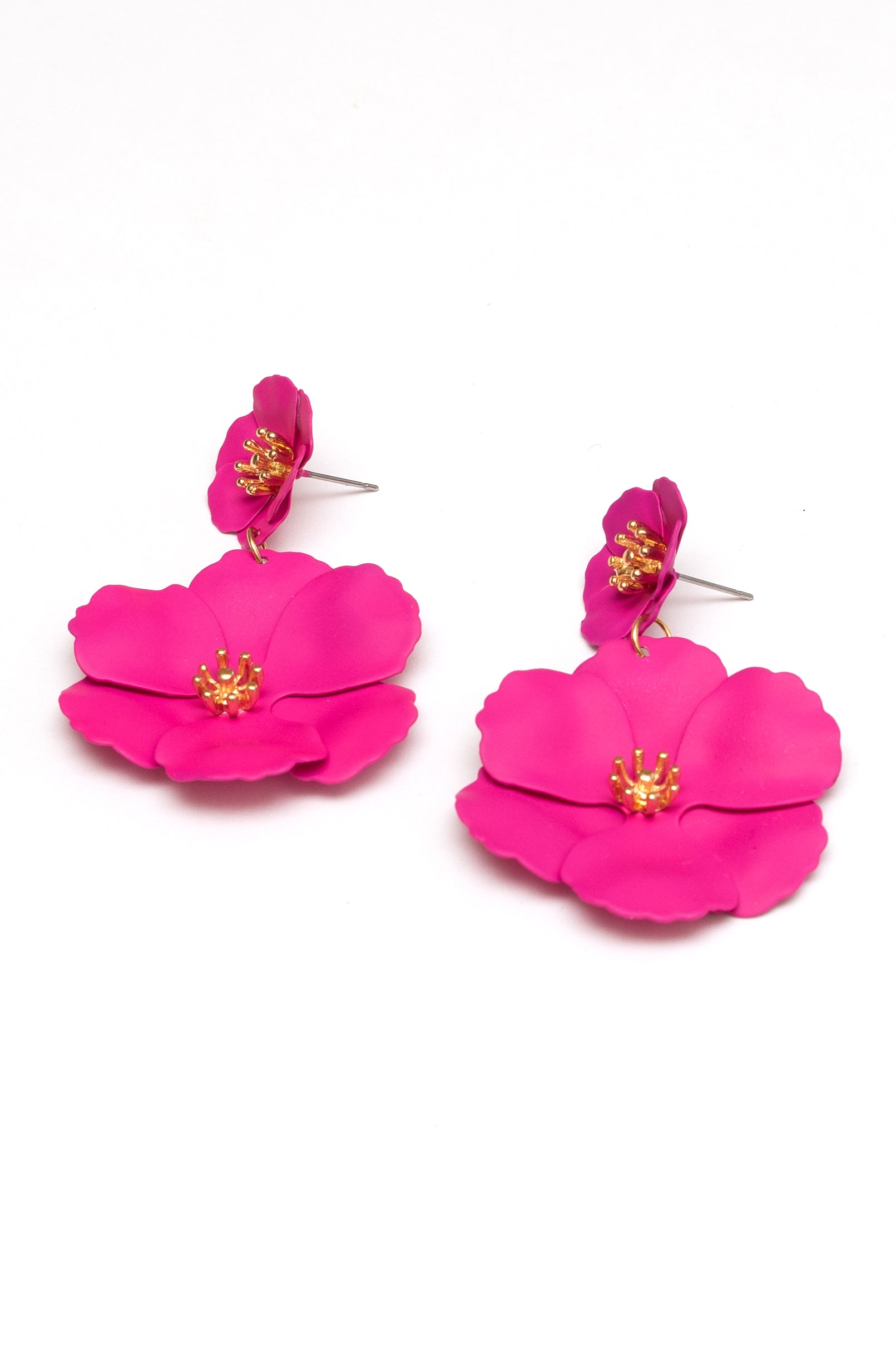 bright pink enamel flower drop earrings