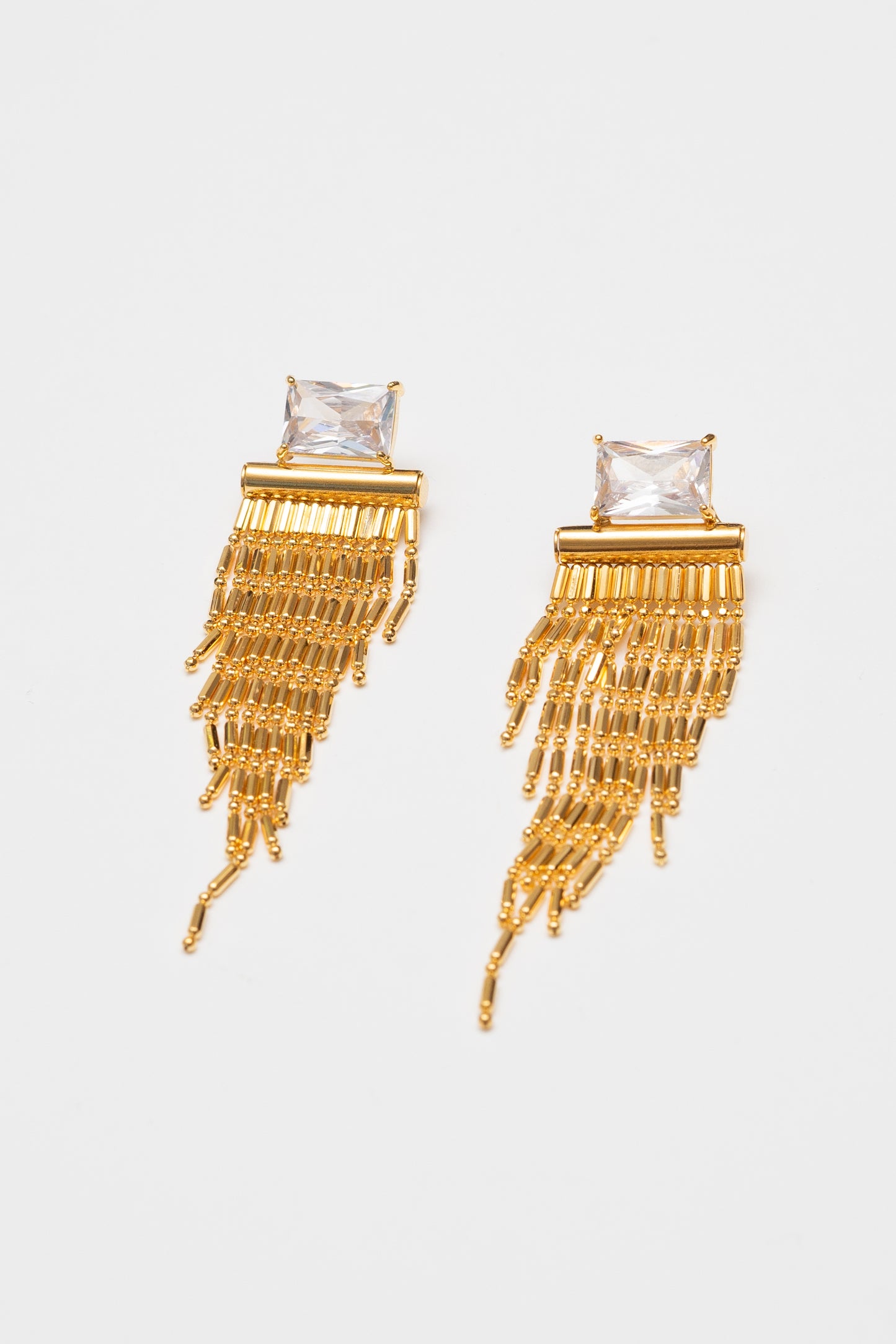 Art Deco Crystal Baguette Fringe Earrings | Crystal CZ | 18K Gold Plating