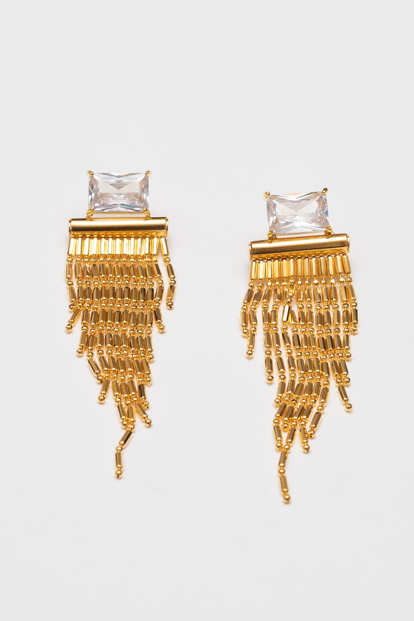 Art Deco Crystal Baguette Fringe Earrings | Crystal CZ | 18K Gold Plating