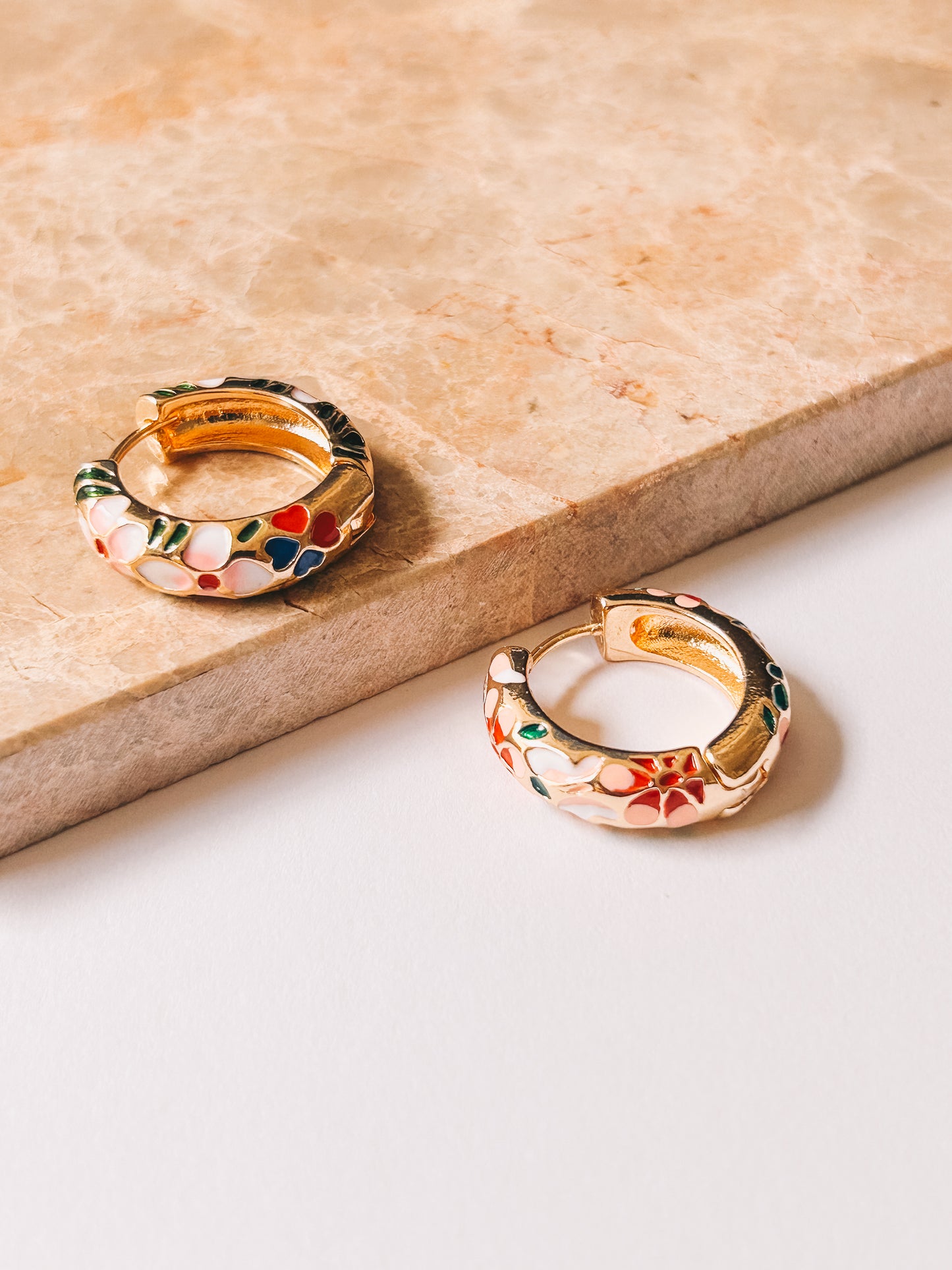 Cloisonné Green Enamel Flower Hoops | 18K Gold Plating