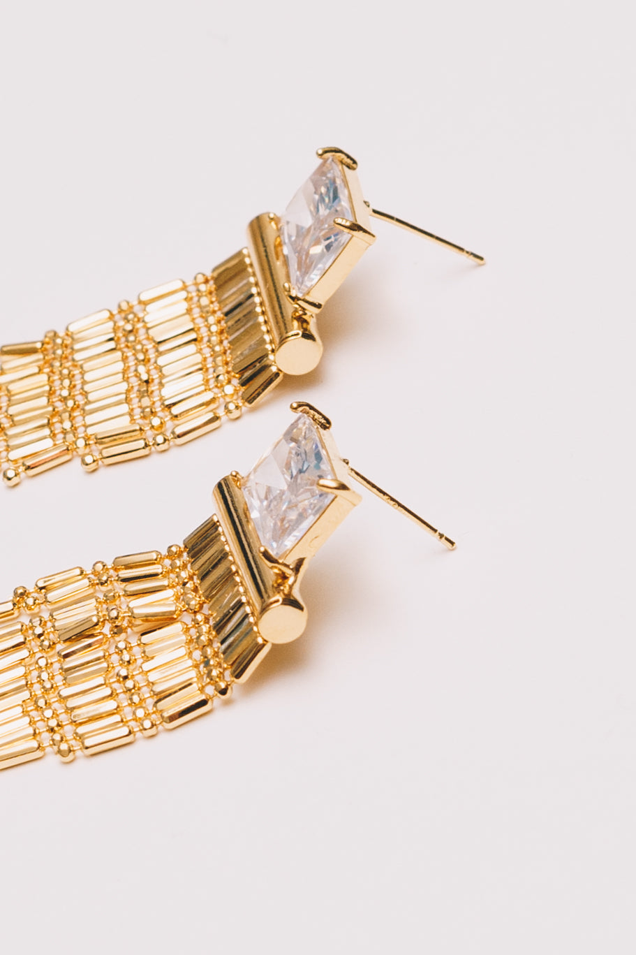 Art Deco Crystal Baguette Fringe Earrings | Crystal CZ | 18K Gold Plating