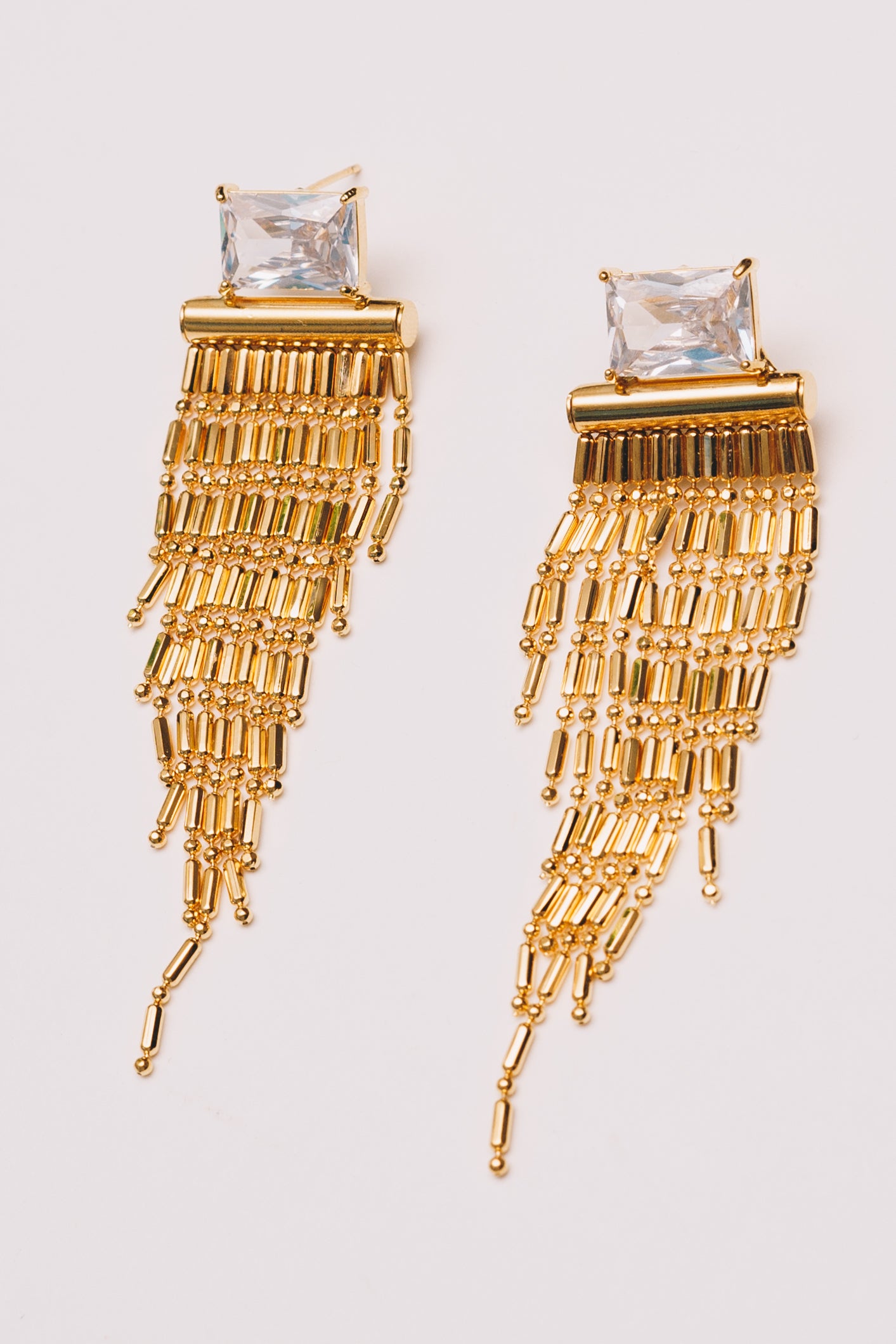 Art Deco Crystal Baguette Fringe Earrings | Crystal CZ | 18K Gold Plating