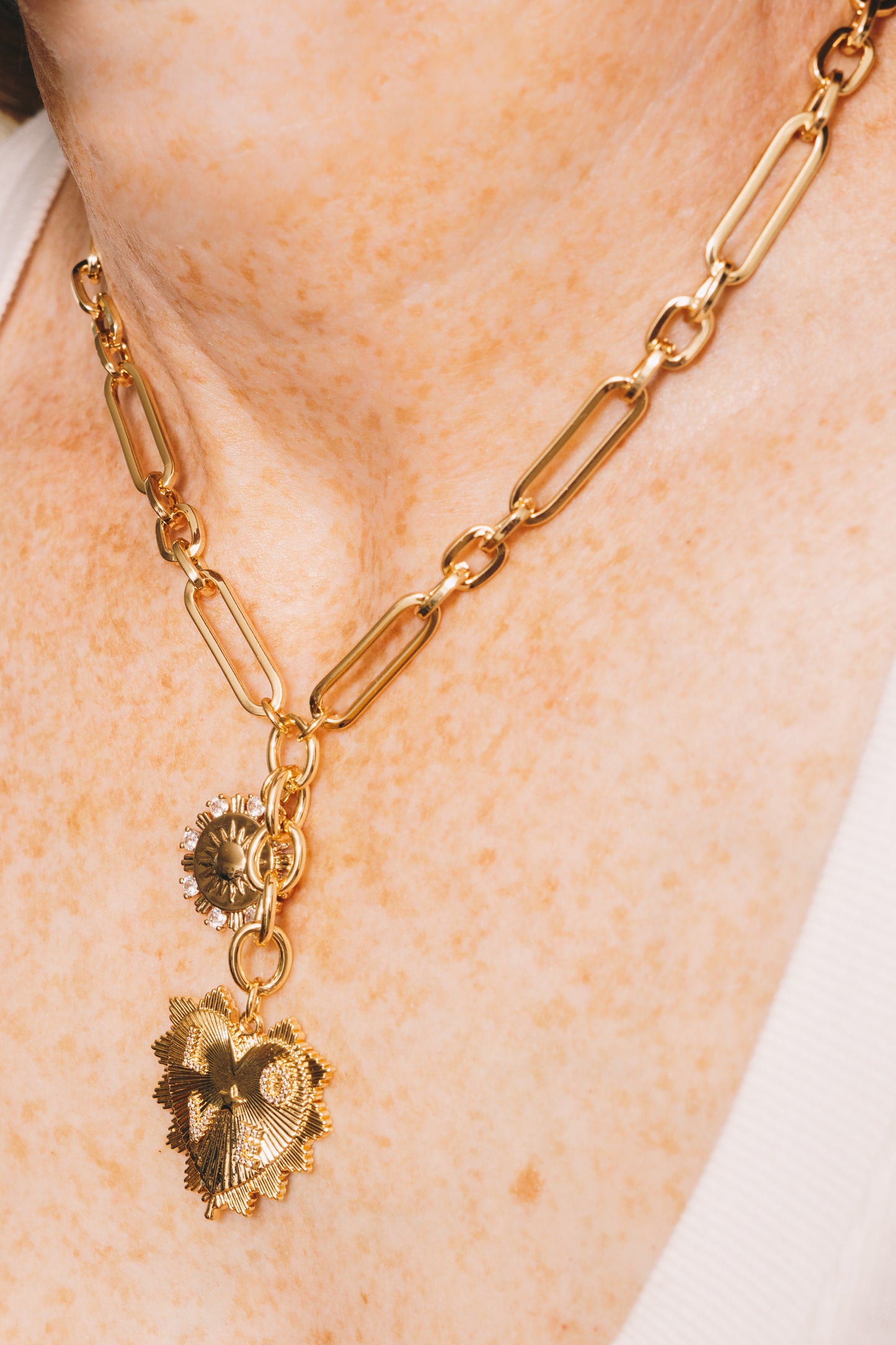 Paperclip Chain Necklace | Crystal Charms, Heart & Sun | 18K Gold Plating