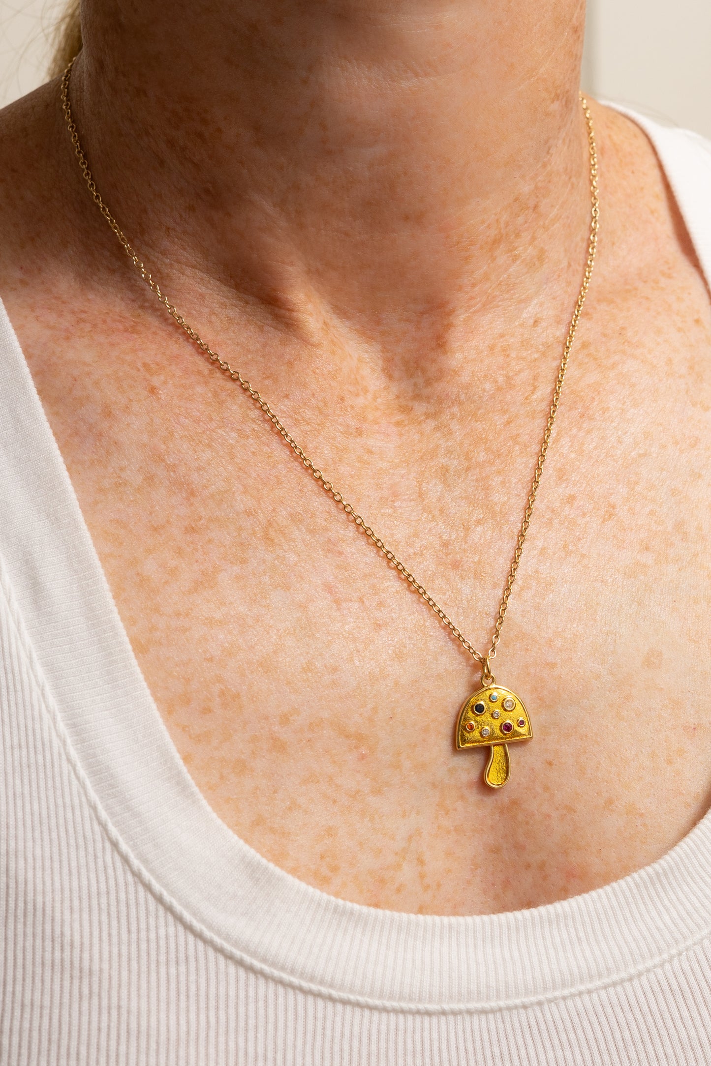 Mushroom Charm Necklace | Enamel with Crystals | 18k Gold Plating