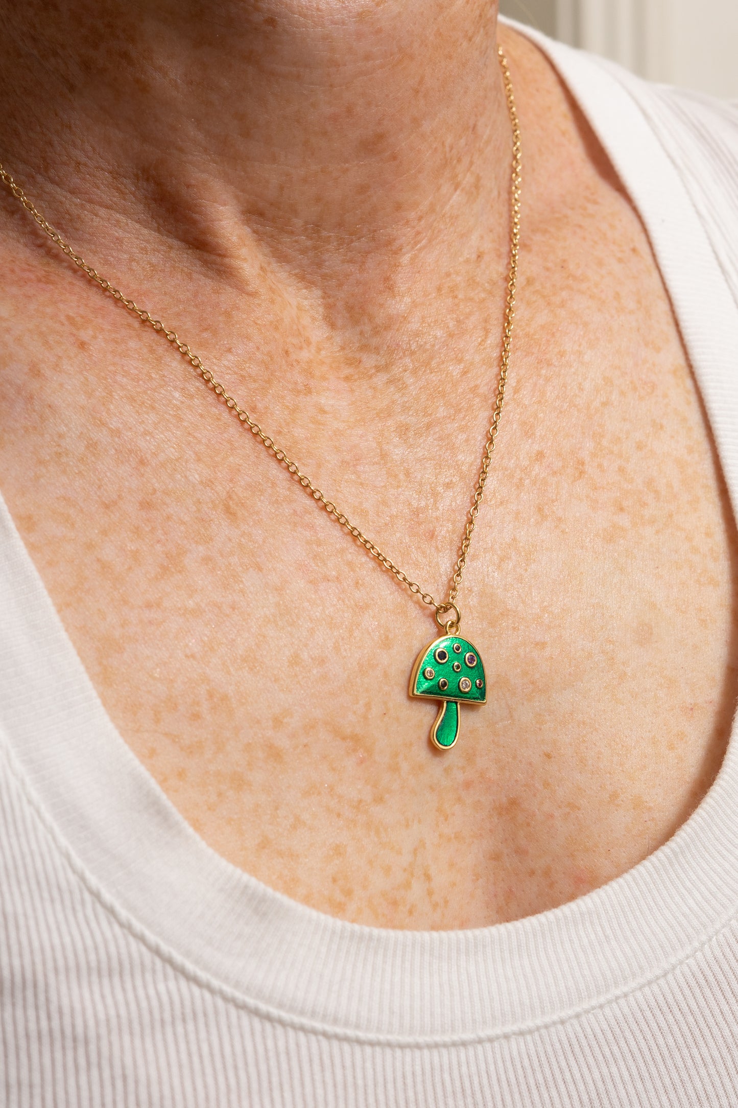 Mushroom Charm Necklace | Enamel with Crystals | 18k Gold Plating