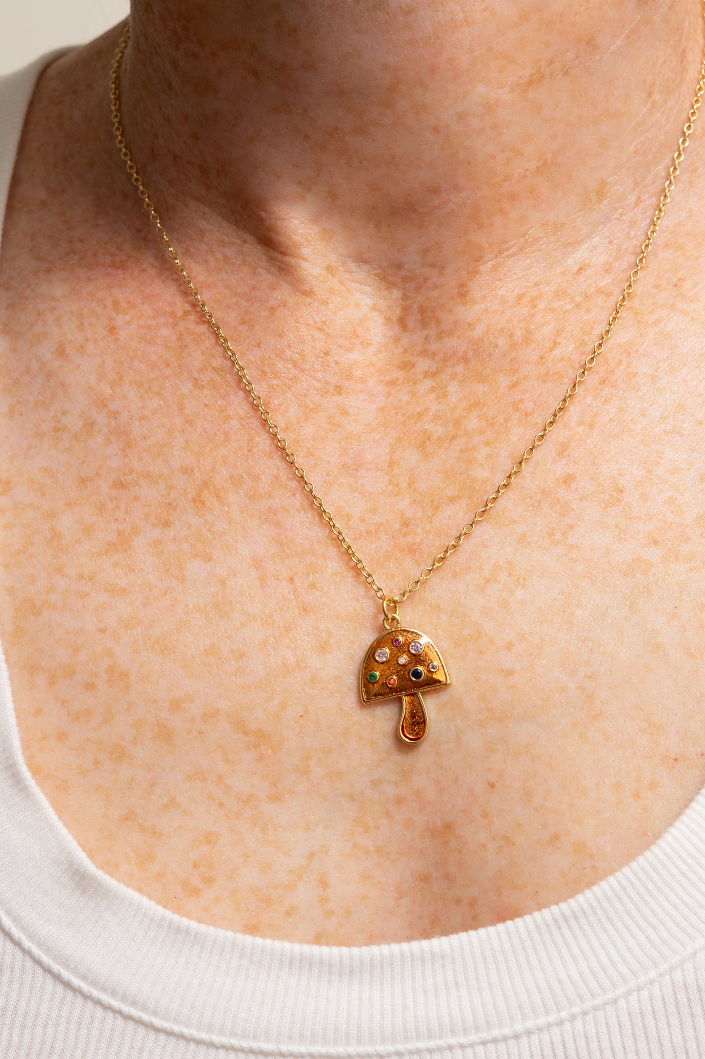 Mushroom Charm Necklace | Enamel with Crystals | 18k Gold Plating