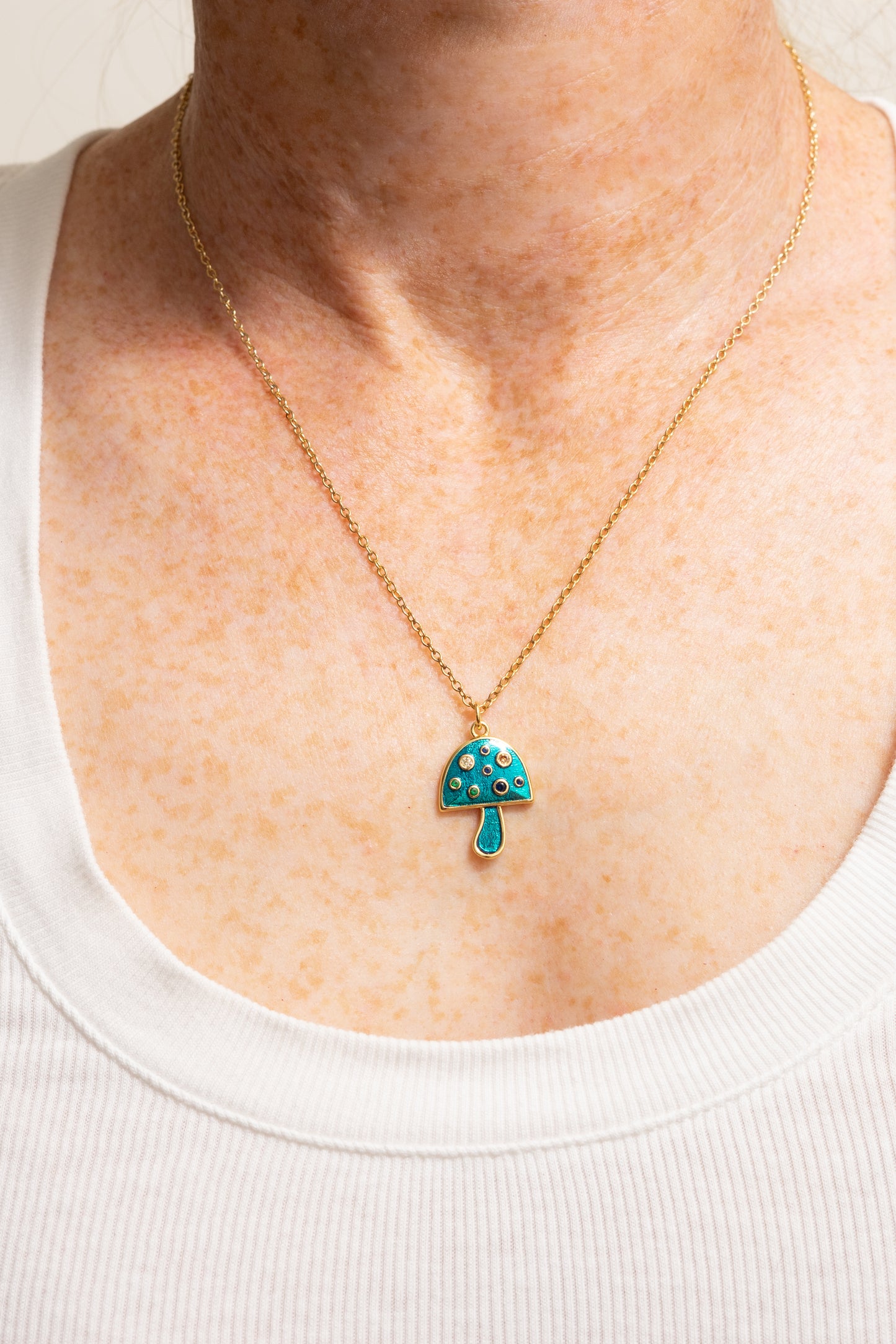Mushroom Charm Necklace | Enamel with Crystals | 18k Gold Plating