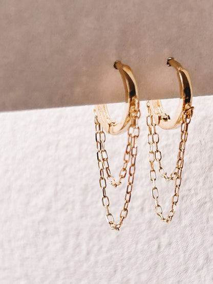 Tassel Huggie Hoop Chain Earrings | 9K Yellow Gold