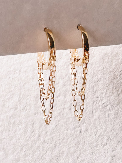 Tassel Huggie Hoop Chain Earrings | 9K Yellow Gold