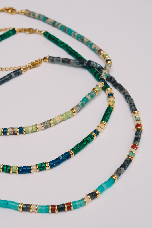 Beaded Gemstone Necklace | Rainbow of Colors, Adjustable Length | 18K Gold Plating