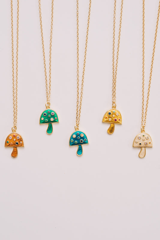 Mushroom Charm Necklace | Enamel with Crystals | 18k Gold Plating