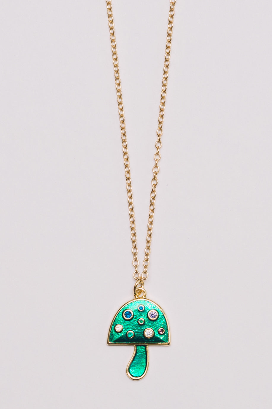Mushroom Charm Necklace | Enamel with Crystals | 18k Gold Plating