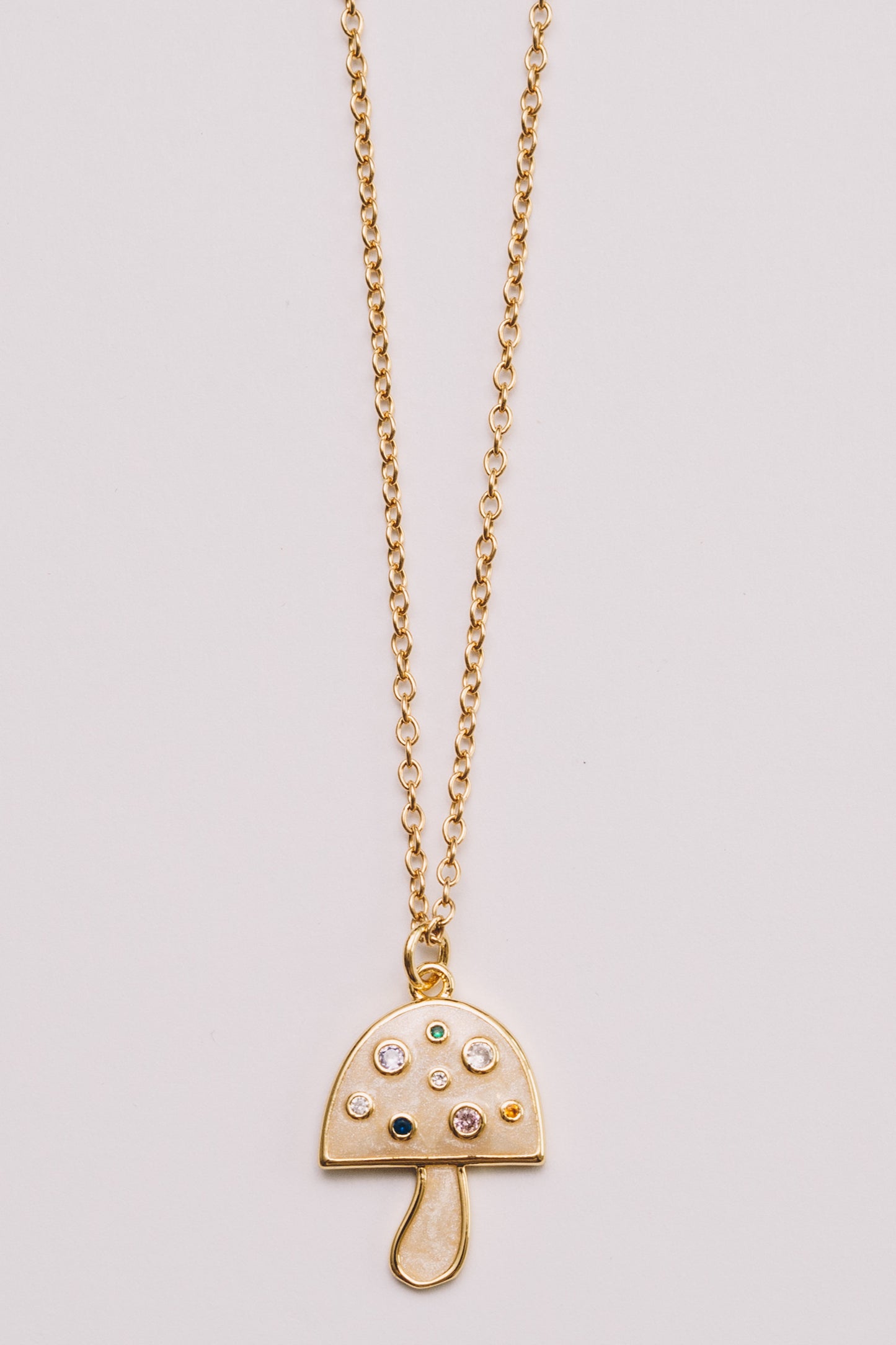 Mushroom Charm Necklace | Enamel with Crystals | 18k Gold Plating