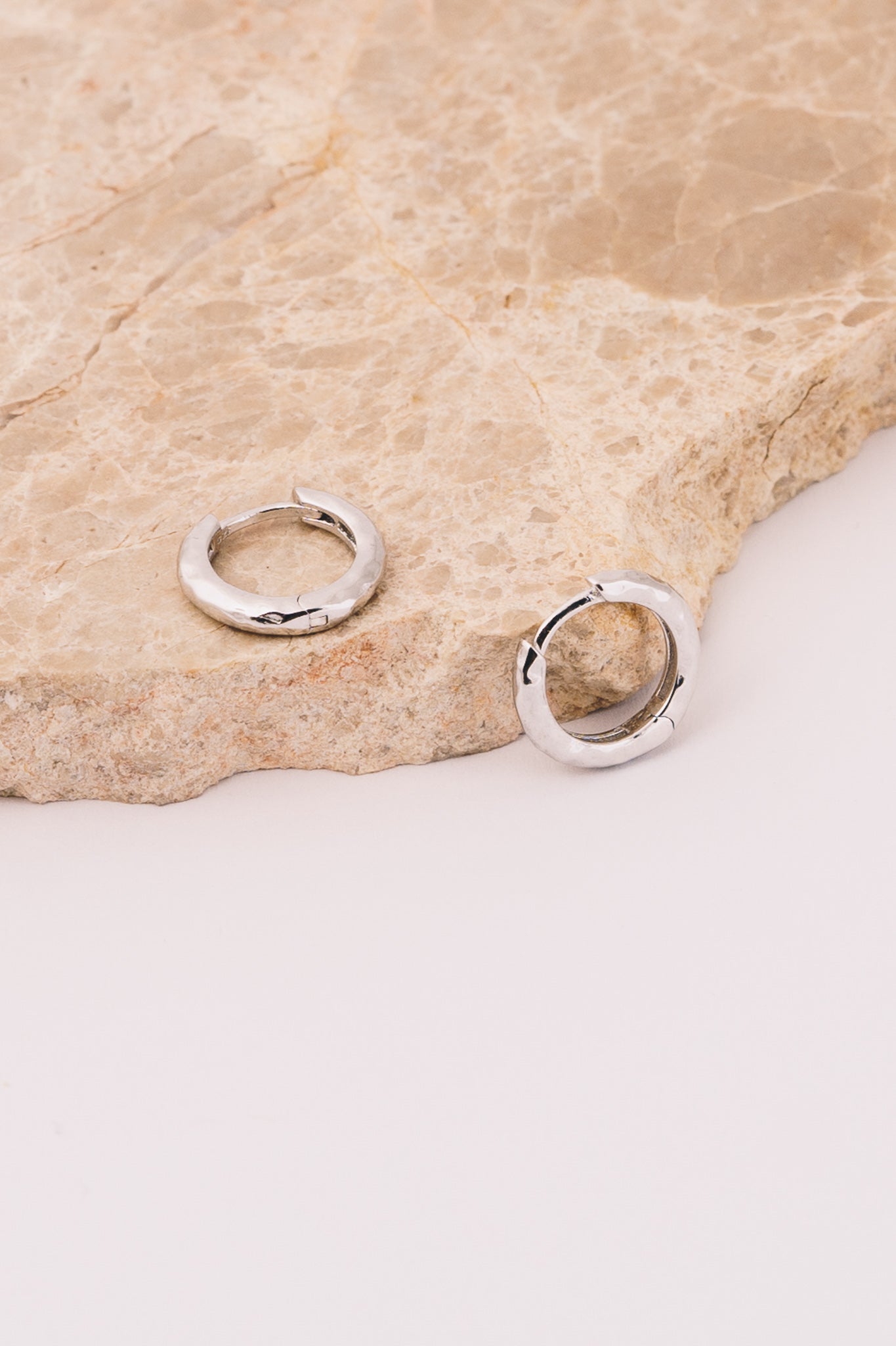 14k white gold hammered huggie hoops