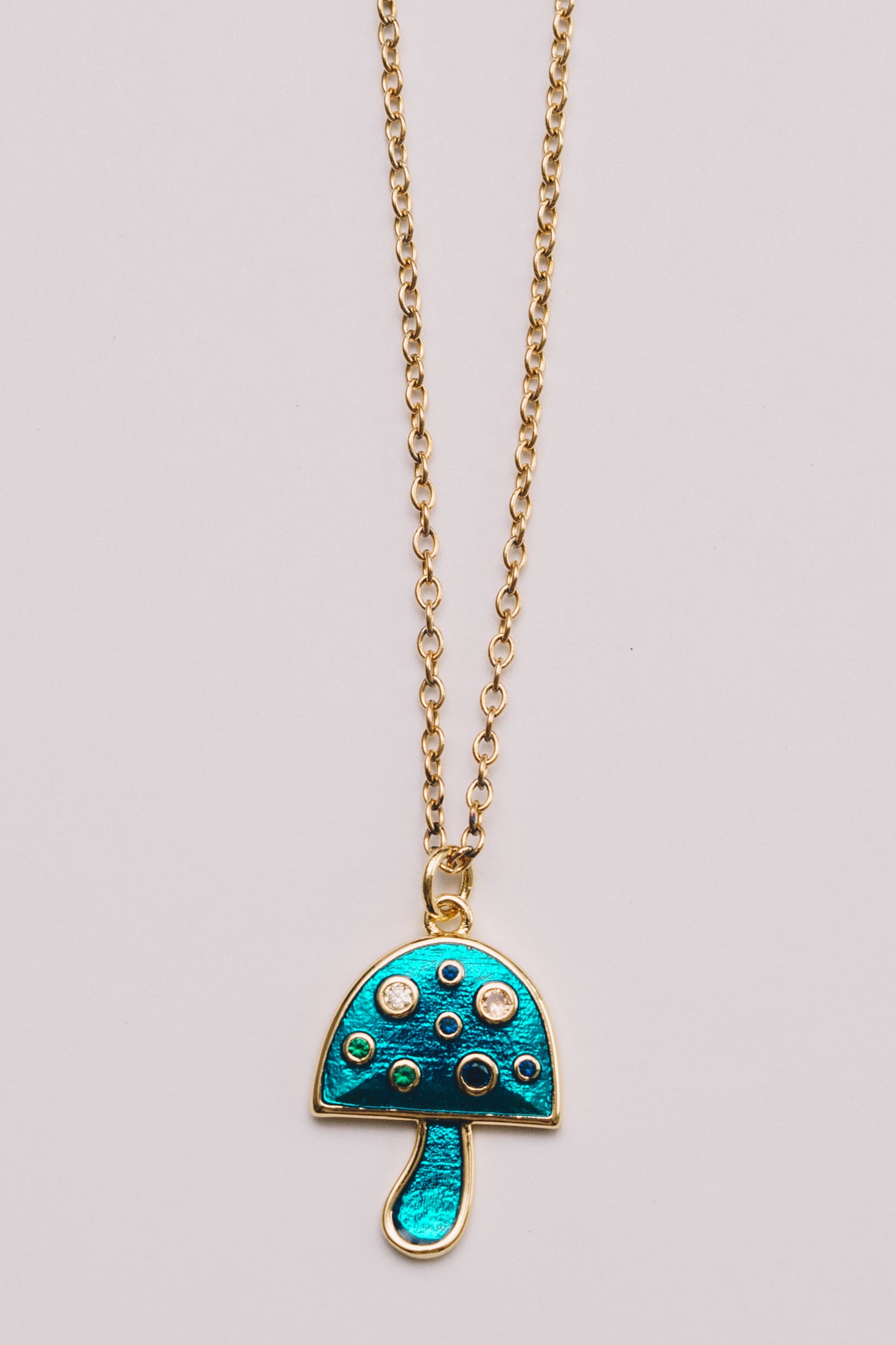 Mushroom Charm Necklace | Enamel with Crystals | 18k Gold Plating