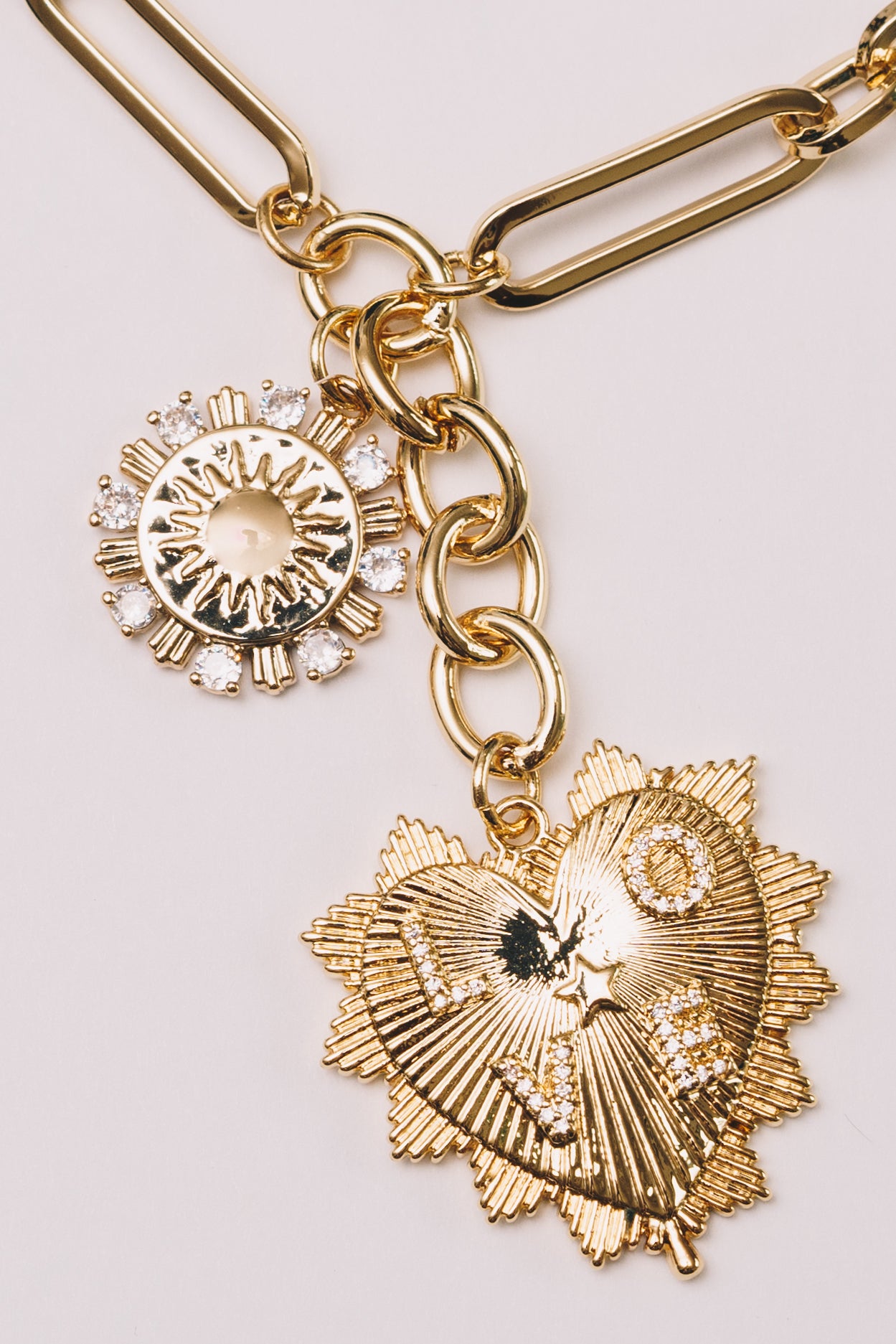 Paperclip Chain Necklace | Crystal Charms, Heart & Sun | 18K Gold Plating