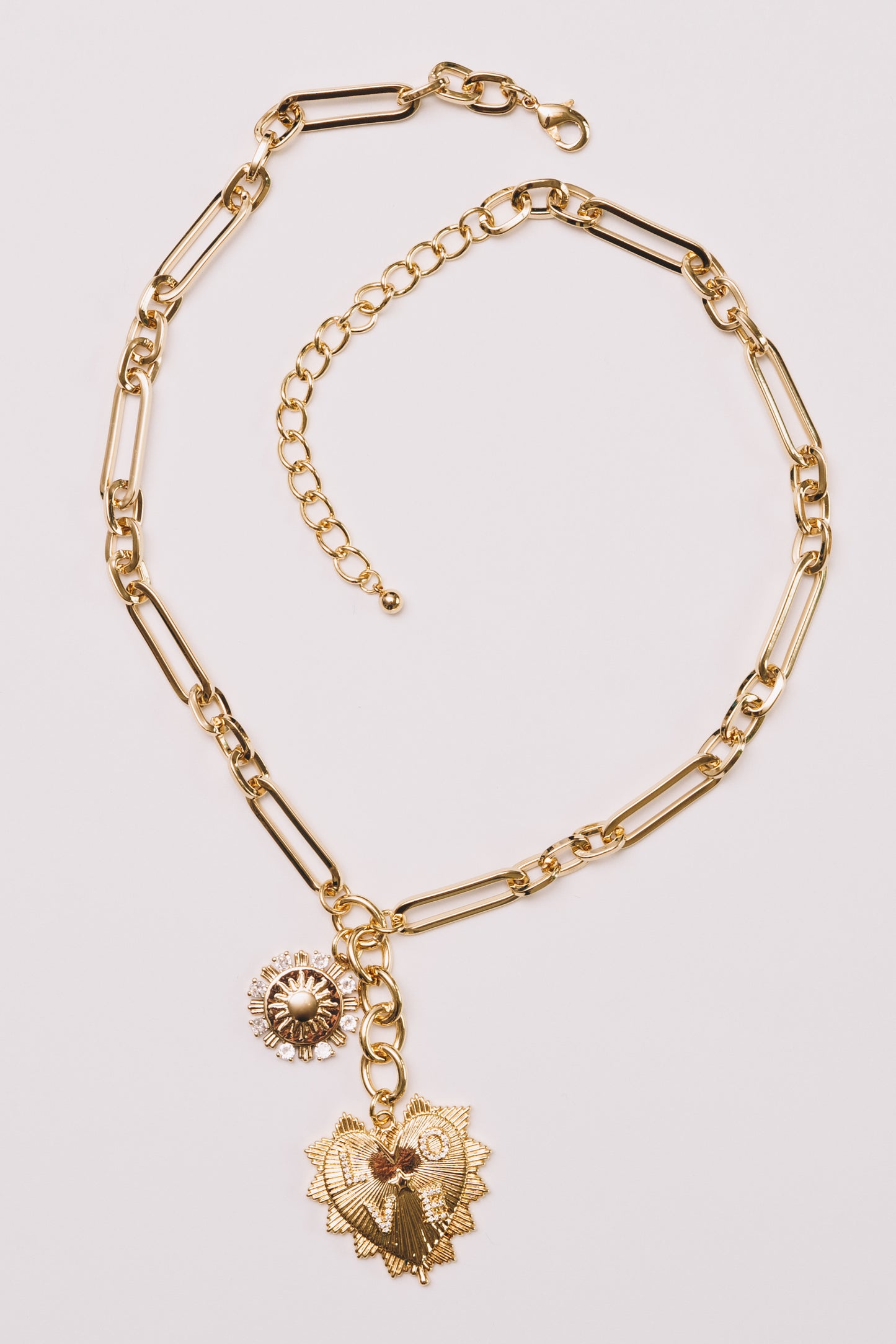 Paperclip Chain Necklace | Crystal Charms, Heart & Sun | 18K Gold Plating