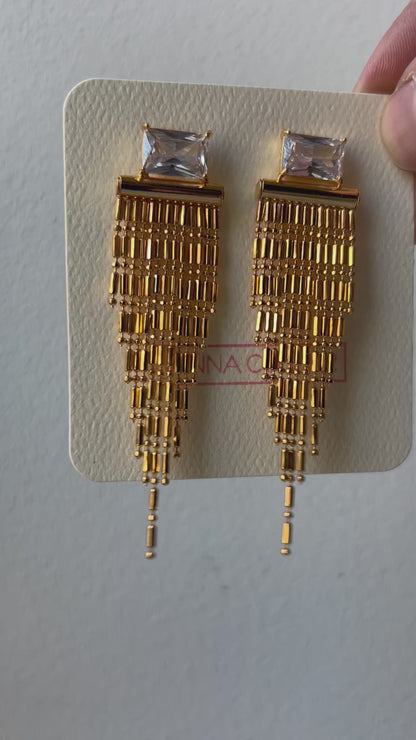 Art Deco Crystal Baguette Fringe Earrings | Crystal CZ | 18K Gold Plating