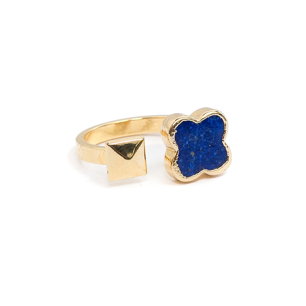 Lapis clover ring with gold pyramid stud open stacking ring