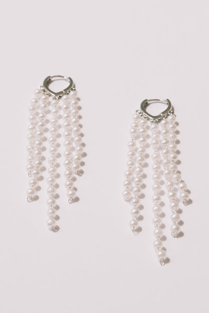 Fola Pearl Fringe Hoop Earrings | 18k White Gold Plating