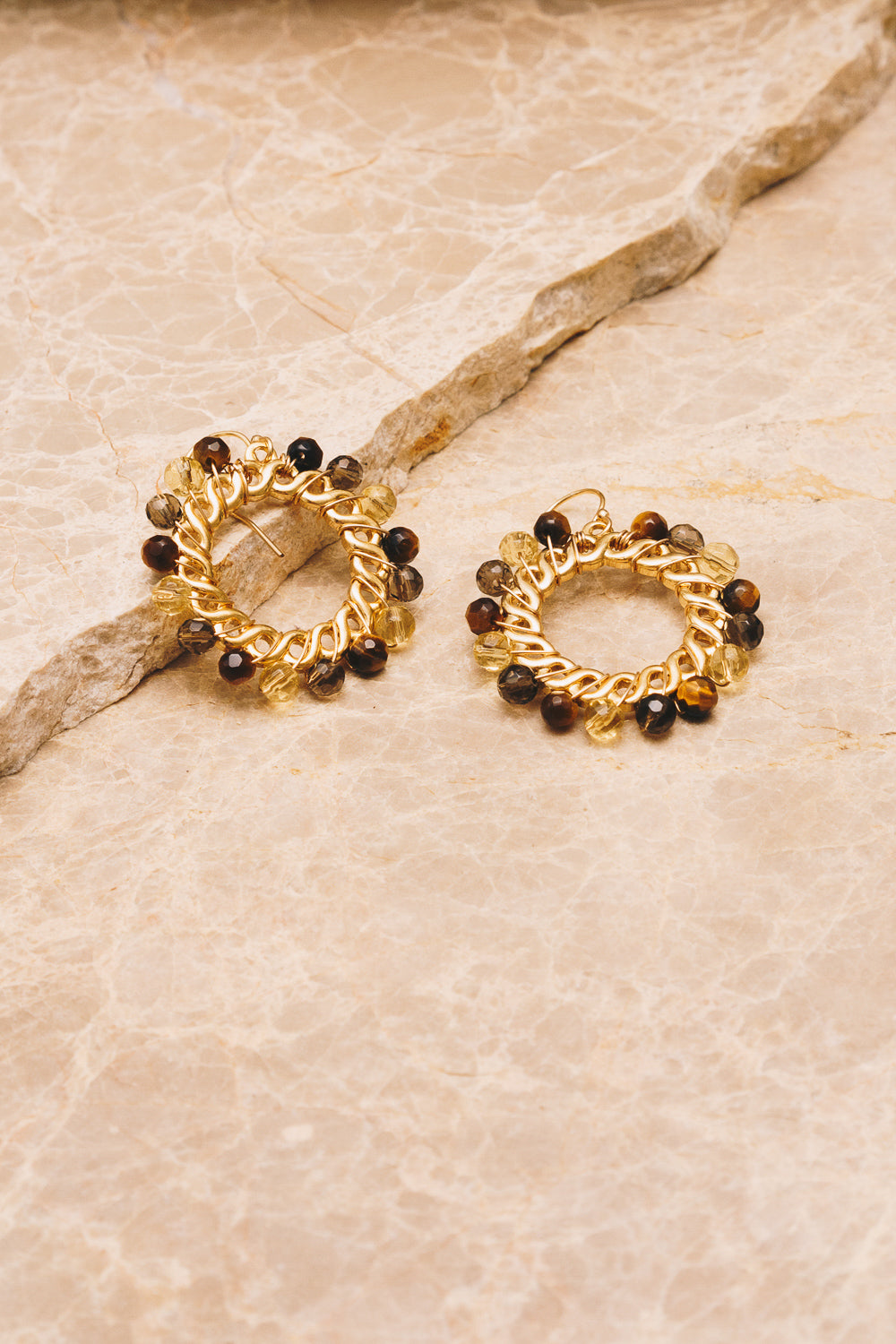 brown beaded earrings wire wrapped stones