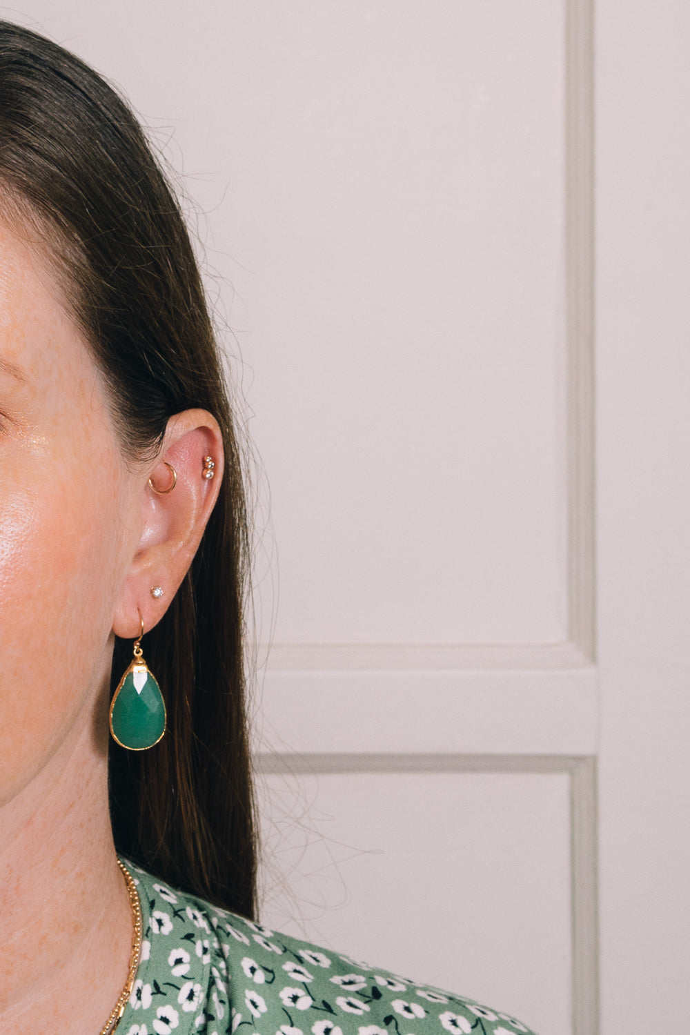 aventurine teardrop earrings on model