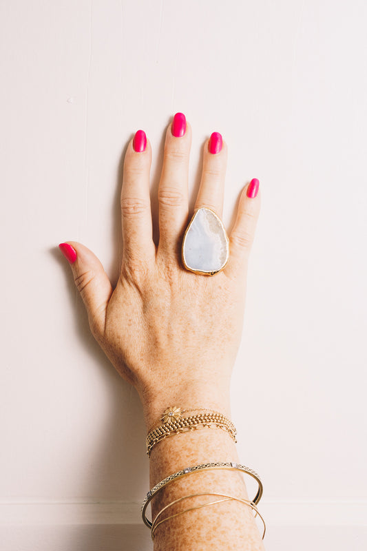blue lace agate statement ring on hand