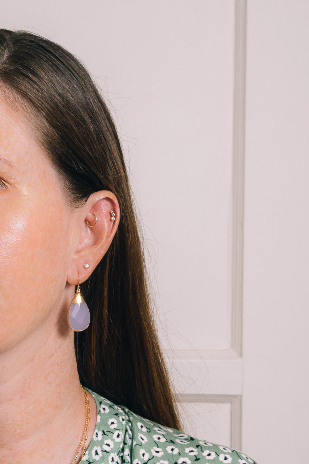 lavender quartz teardrop earrings on model
