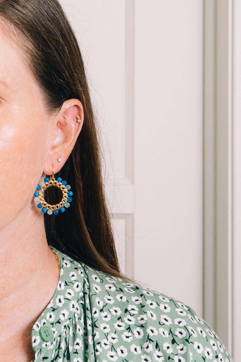 turquoise beaded earrings wire wrapped stones on model