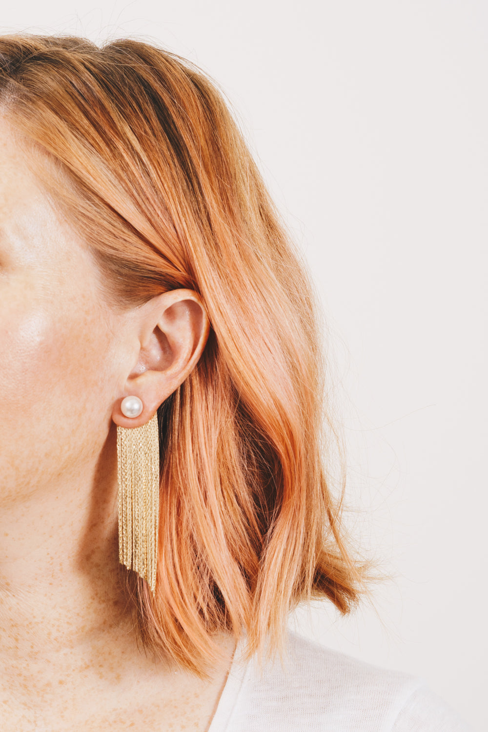 gold fringe chain earring jackets with pearl studs