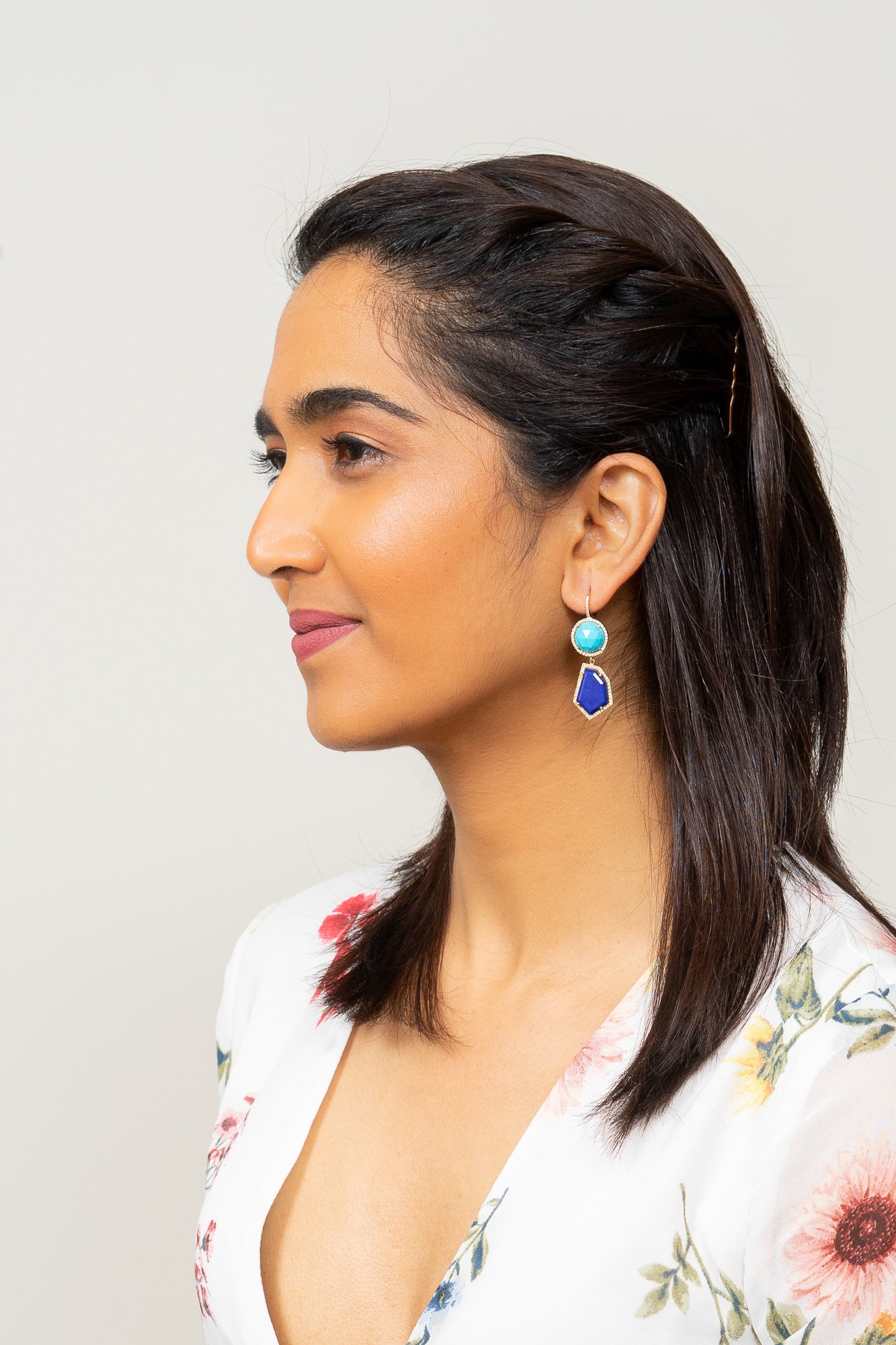 Lapis and Turquoise Cubist Drop Earrings | 14K Gold