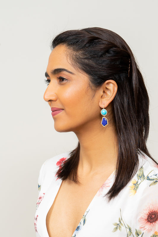 Lapis and Turquoise Cubist Drop Earrings | 14K Gold