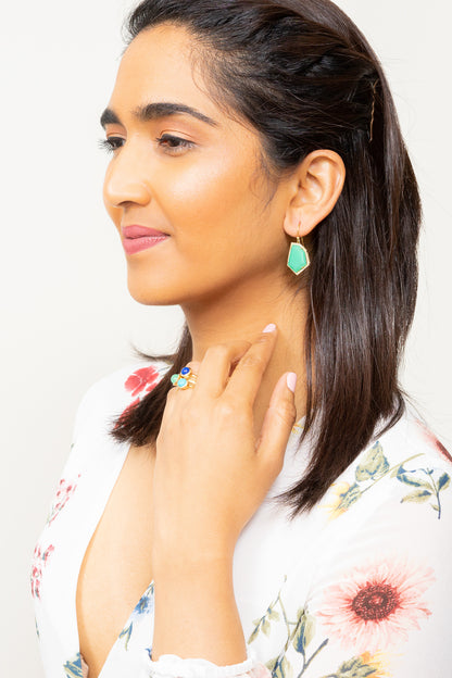 chrysoprase and diamond pave gold earrings Janna Conner on model with stacking rings