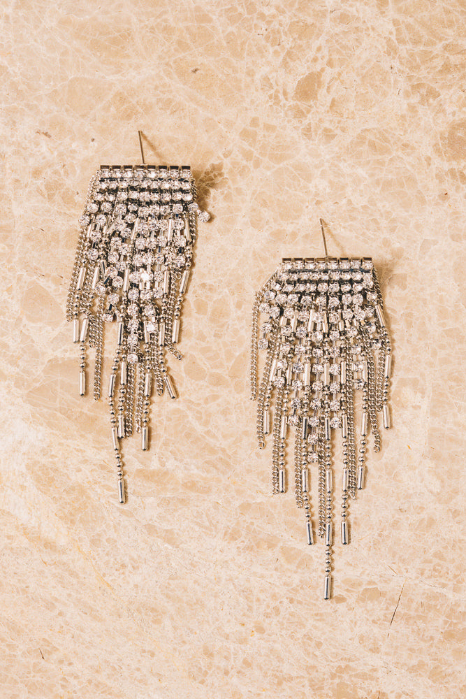 silver crystal fringe earrings