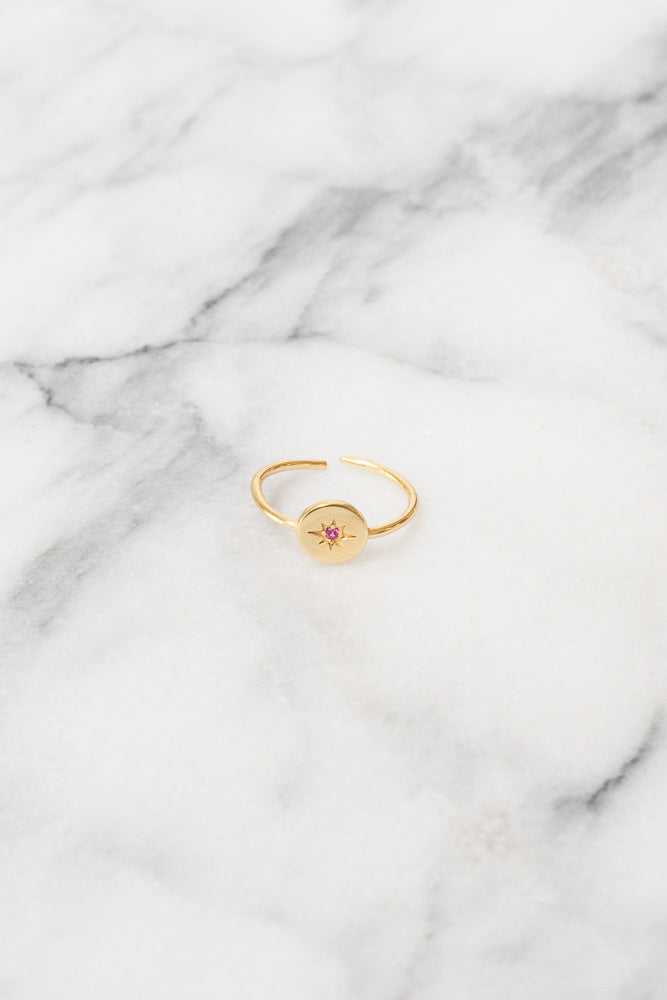 gold small signet ring stacking red cubic zirconia by Janna Conner