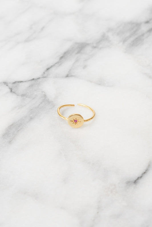 gold small signet ring stacking red cubic zirconia by Janna Conner