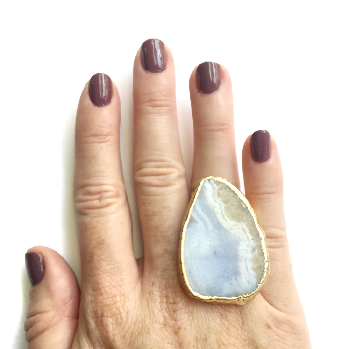 blue lace agate statement ring on hand