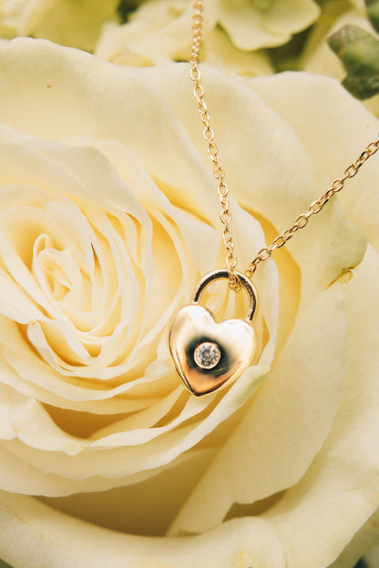 Heart Lock Necklace | 14k Gold | White Sapphire