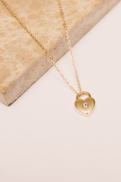 Heart Lock Necklace | 14k Gold | White Sapphire