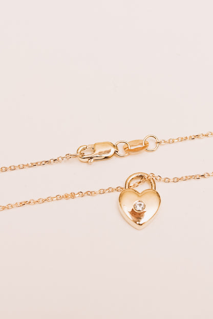 Heart Lock Necklace | 14k Gold | White Sapphire