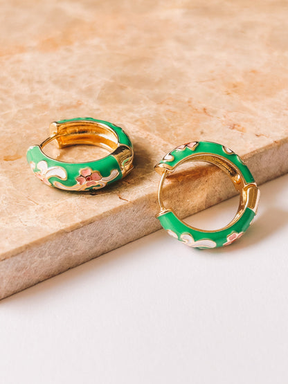 Cloisonné Gold Enamel Flower Hoops | 18K Gold Plating