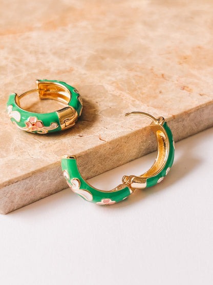 jade green enamel hoop earrings shown one open one closed
