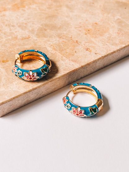 Cloisonné Gold Enamel Flower Hoops | 18K Gold Plating