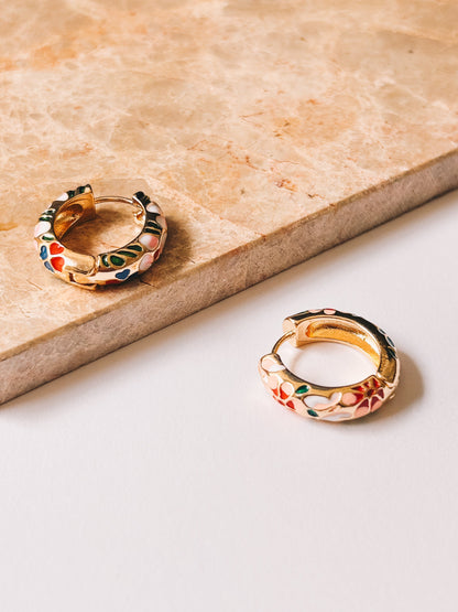 Cloisonné Gold Enamel Flower Hoops | 18K Gold Plating